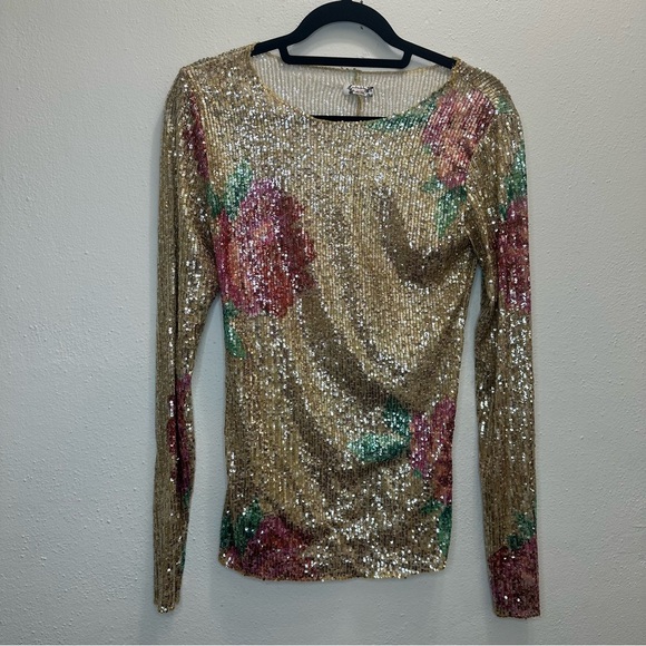 NWT FREE PEOPLE Printed Gold Rush Long Sleeve / Champagne Combo Size Small - Picture 4 of 13